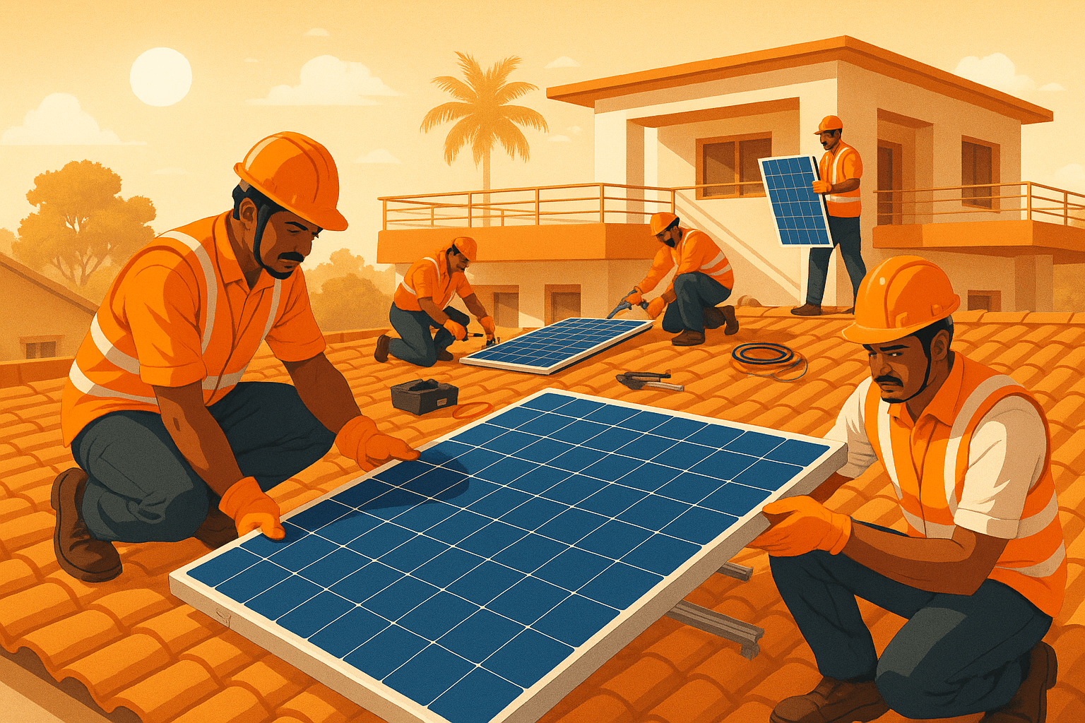 Workers installing rooftop solar panels on an Indian home with blue sky