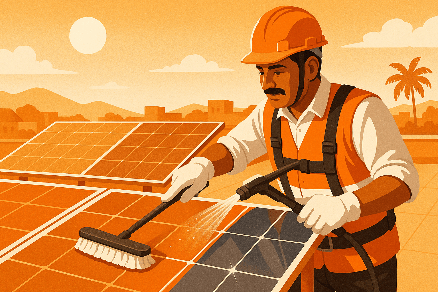Technician cleaning solar panels on a rooftop in Maharashtra