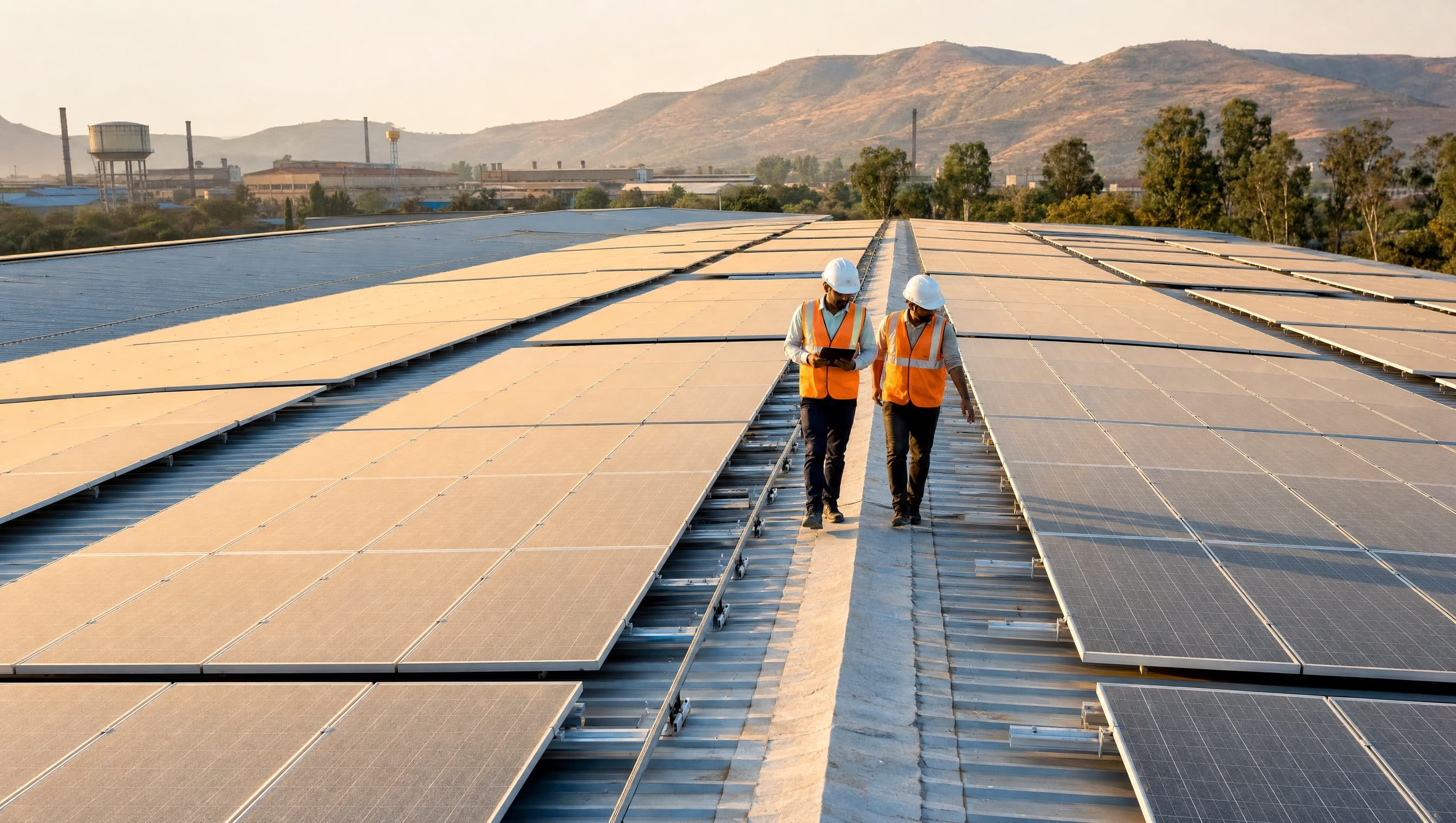 Representative image of solar panels on an industrial rooftop