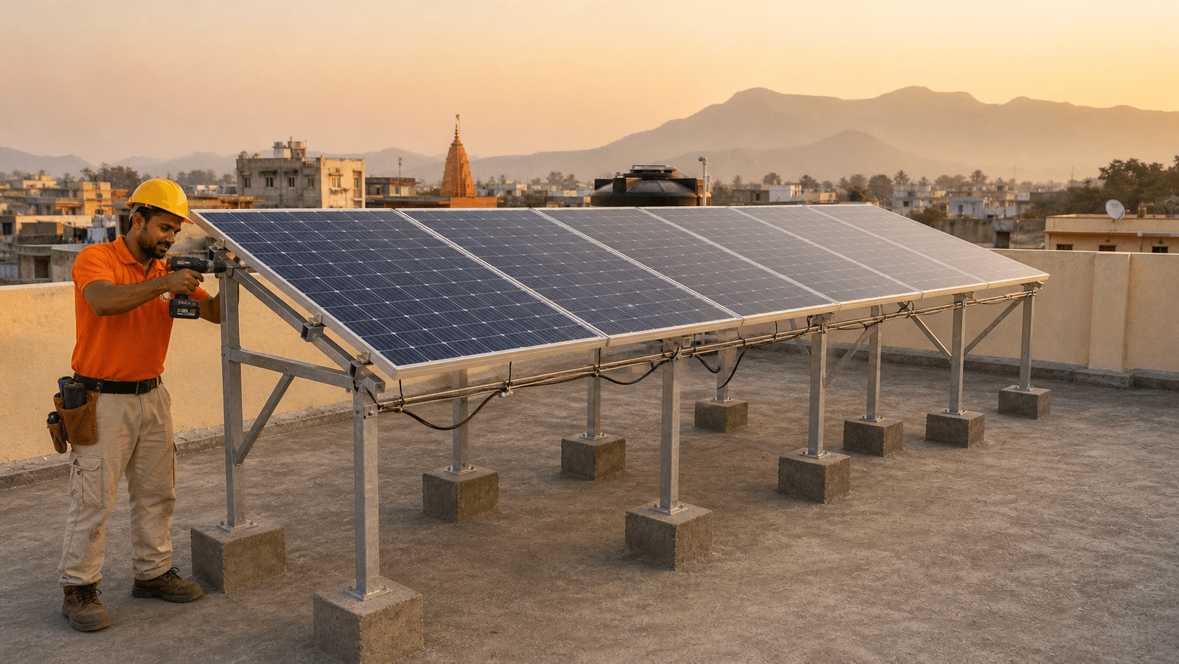 Solar installer mounting a 3kW rooftop array on flat RCC roof in Maharashtra
