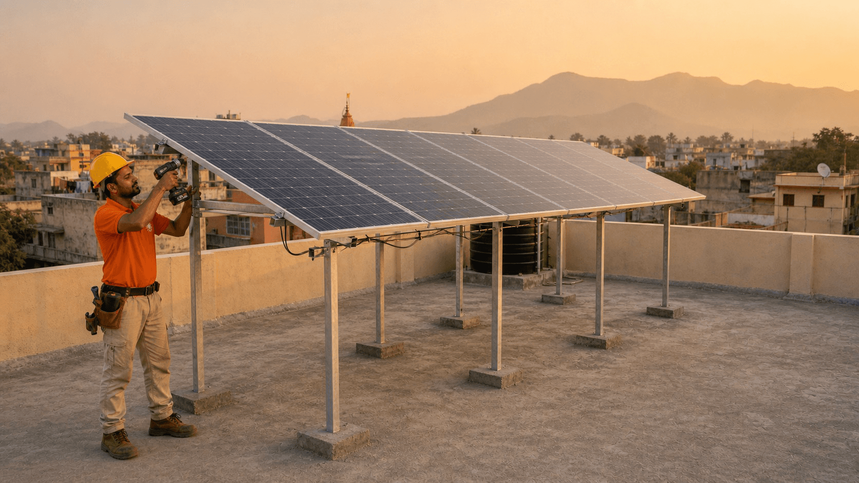 Solar installer working on a 4kW rooftop array on flat RCC roof in Maharashtra