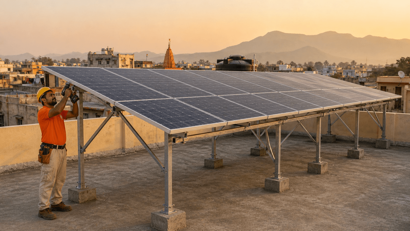 Solar installer working on a 5kW rooftop array on flat RCC roof in Maharashtra