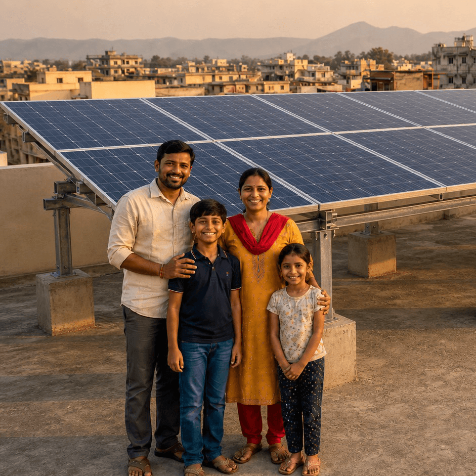 Maharashtrian family on rooftop with their new solar installation
