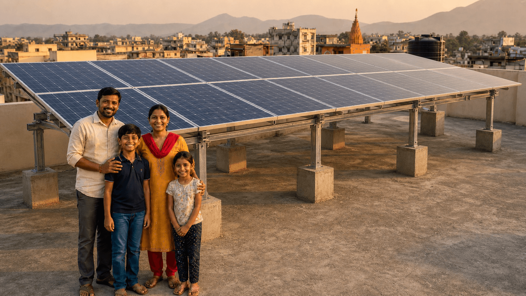 Maharashtrian family on rooftop with their new solar installation