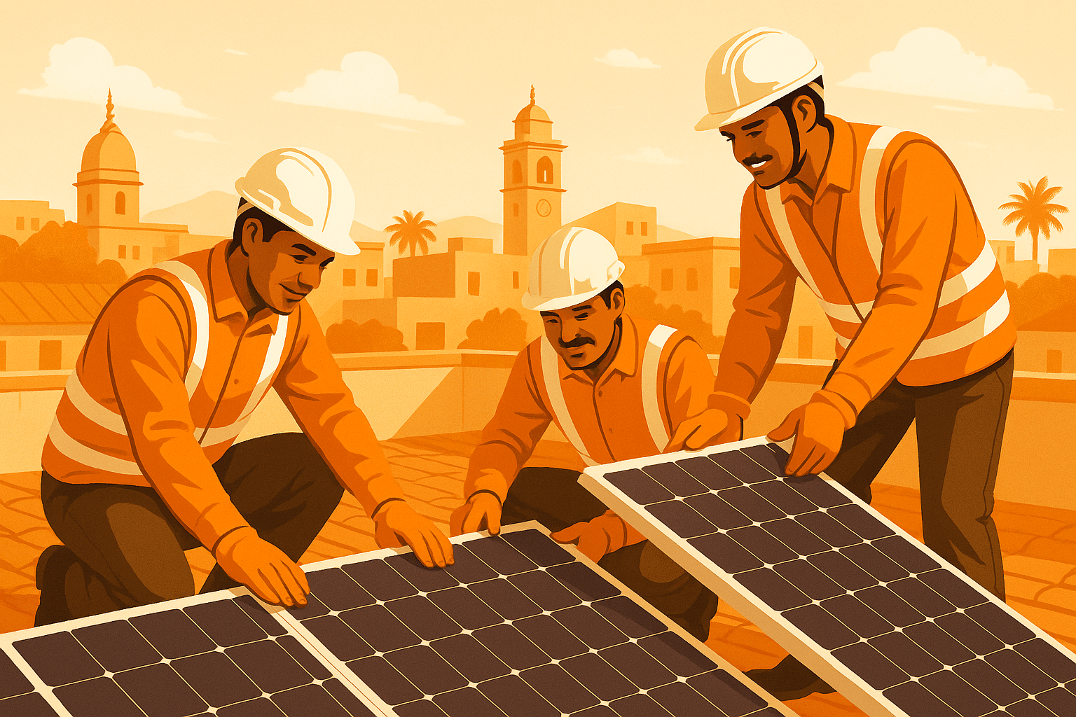 Professional Indian solar installation team working on a rooftop in Dhule Maharashtra