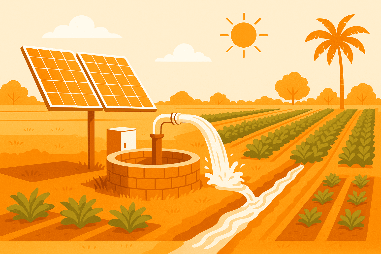 Solar-powered water pump system on a Maharashtra farm field with solar panels and irrigation channels