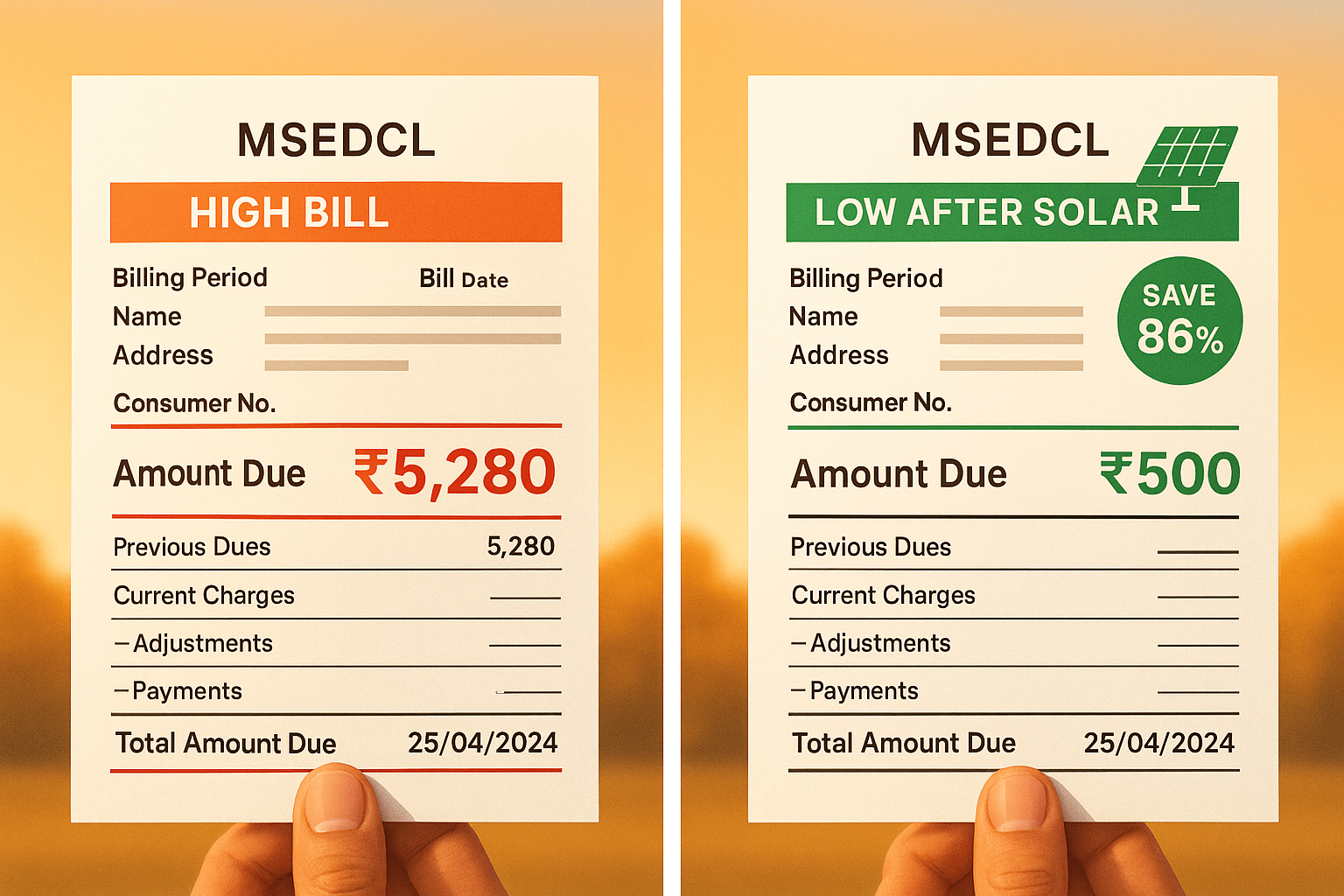 MSEDCL bill comparison — before and after solar