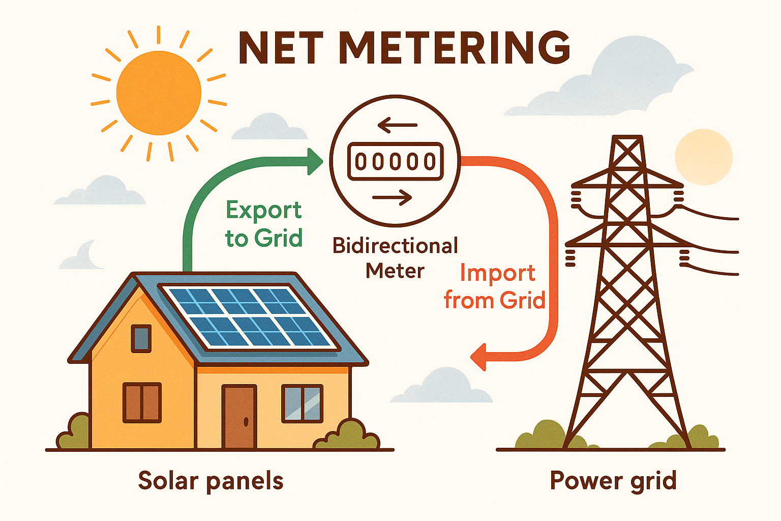 How net metering works — diagram showing solar panels, home, bidirectional meter, and MSEDCL grid