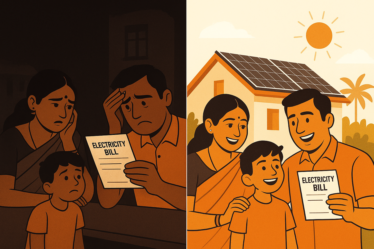 Before and after cost comparison of 3kW solar system installation with PM Surya Ghar subsidy showing savings from Rs 1.65 lakh to Rs 87,000